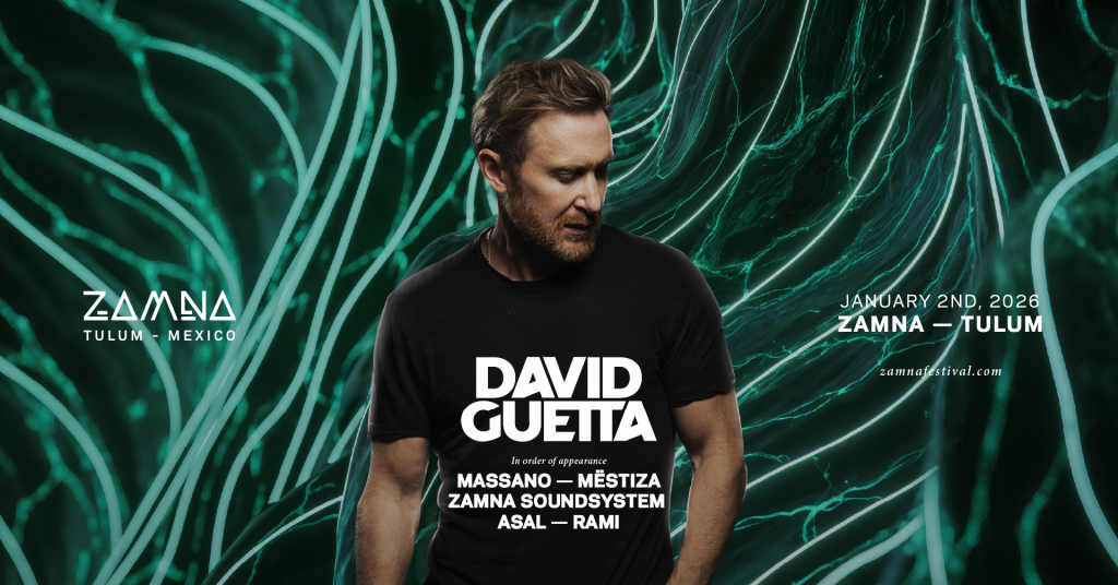 Flyer digital del evento David Guetta en Zamna Tulum para el 2 de enero de 2026. Muestra el nombre de DAVID GUETTA en letras grandes blancas sobre un fondo oscuro de selva, seguido por los artistas invitados: MASSANO, MËSTIZA, ZAMNA SOUNDSYSTEM, ASAL y RAMI.