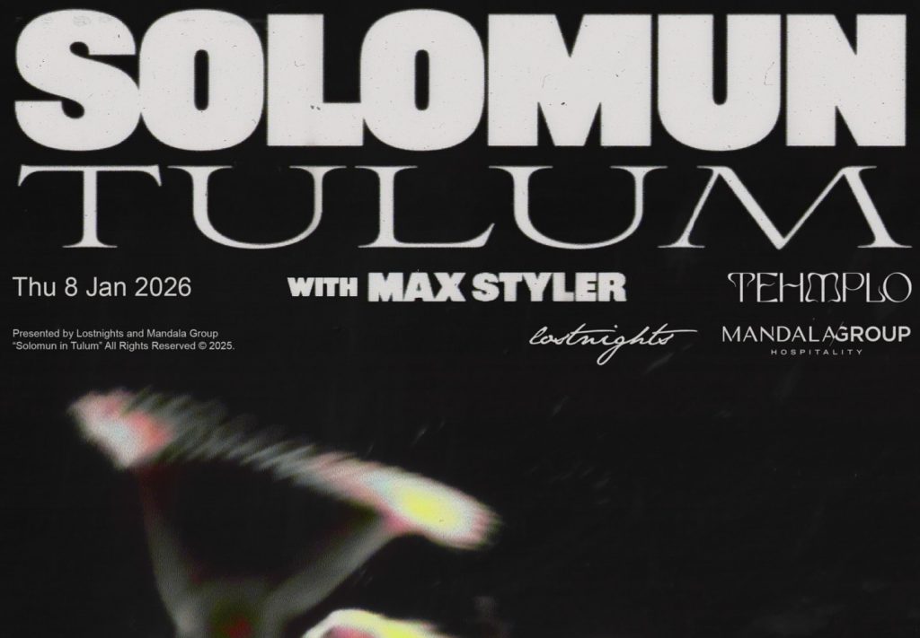 "Póster oficial del evento Solomun Tulum en Tehmplo. Tipografía blanca grande sobre fondo oscuro con figuras abstractas distorsionadas en amarillo y rojo. Texto indica: 'With Max Styler', presentado por Lostnights y Mandala Group."