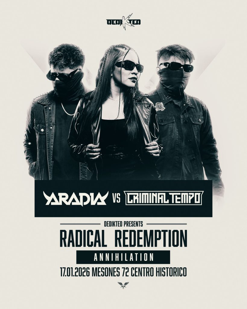 Flyer del versus entre Aradia y Criminal Tempo. Muestra a tres artistas: una mujer al centro con gafas oscuras, flanqueada por dos hombres con rostros cubiertos por cubrebocas tácticos y gafas negras, proyectando una imagen agresiva y underground.