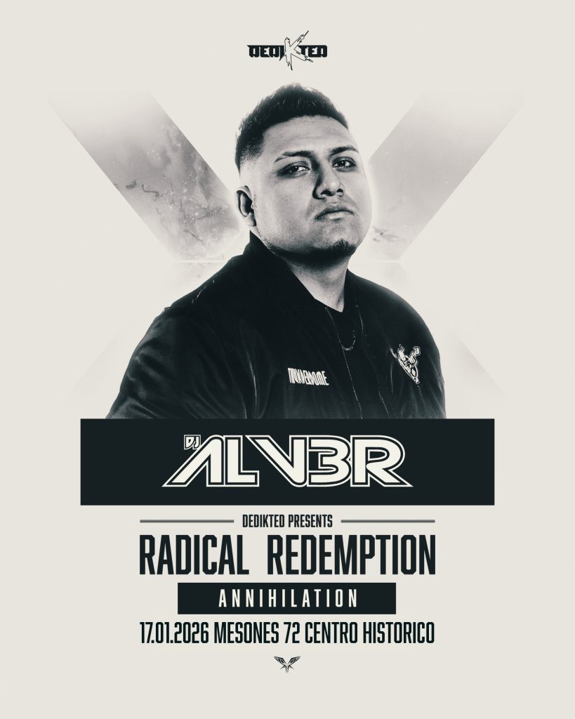 Imagen promocional de DJ Alv3r para el evento. El artista posa con la cabeza ligeramente alzada y chamarra oscura. Su logotipo estilizado "DJ ALV3R" destaca en tipografía moderna sobre los datos de Mesones 72.