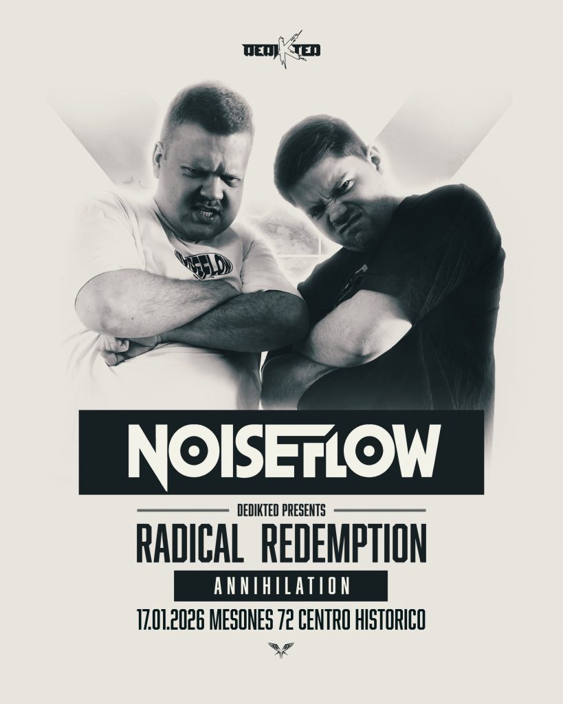 Flyer oficial del dúo Noiseflow. Dos hombres posan con los brazos cruzados y expresiones faciales agresivas y desafiantes. El nombre "NOISEFLOW" aparece en letras gruesas y angulares sobre el cartel de Annihilation.