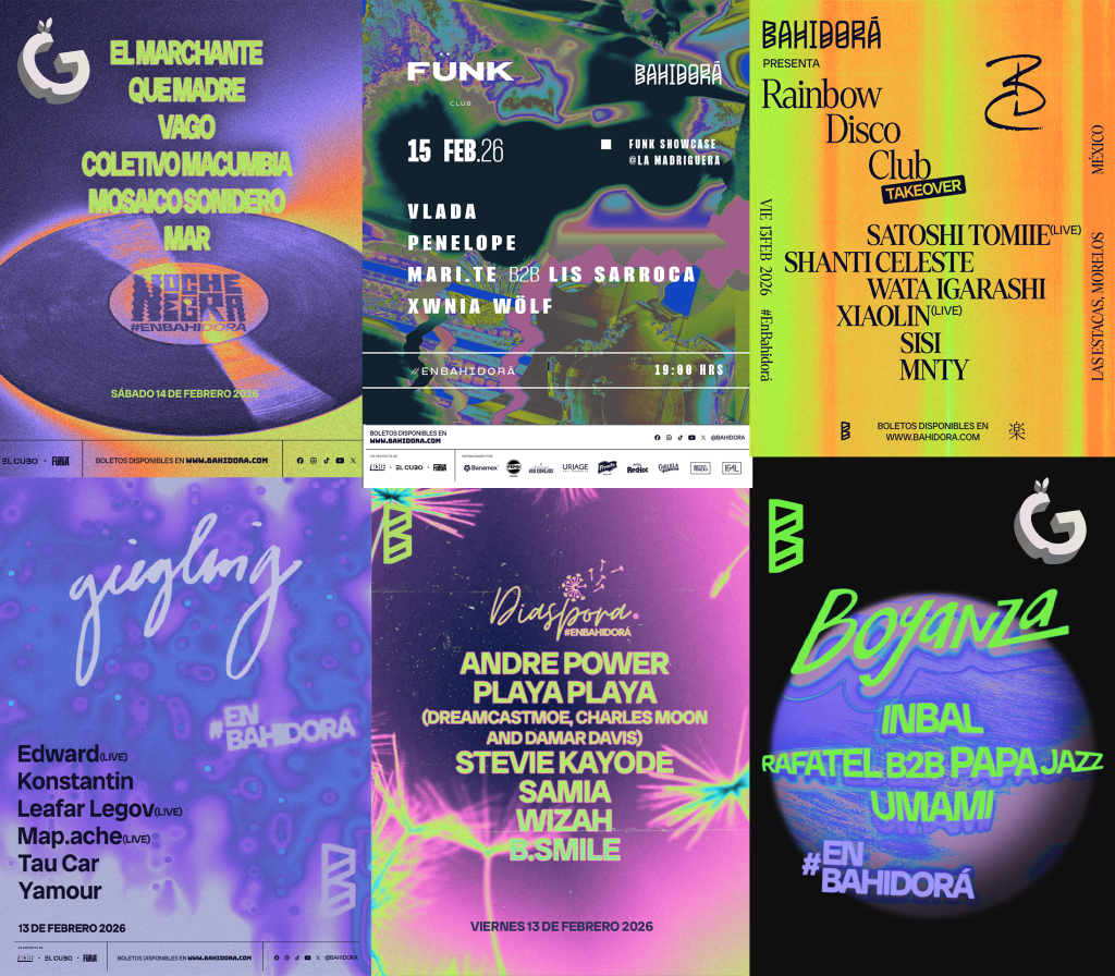 Collage recopilatorio que muestra seis carteles individuales de los colectivos confirmados para Bahidorá 2026. Se observan las gráficas distintivas de Noche Negra, Fünk Club, Rainbow Disco Club, Giegling, Diáspora y Boyanza, cada uno con su propia estética y lista de artistas.