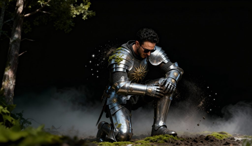 Representación visual conceptual de un guerrero con armadura metálica arrodillado en un entorno natural, evocando narrativa épica.