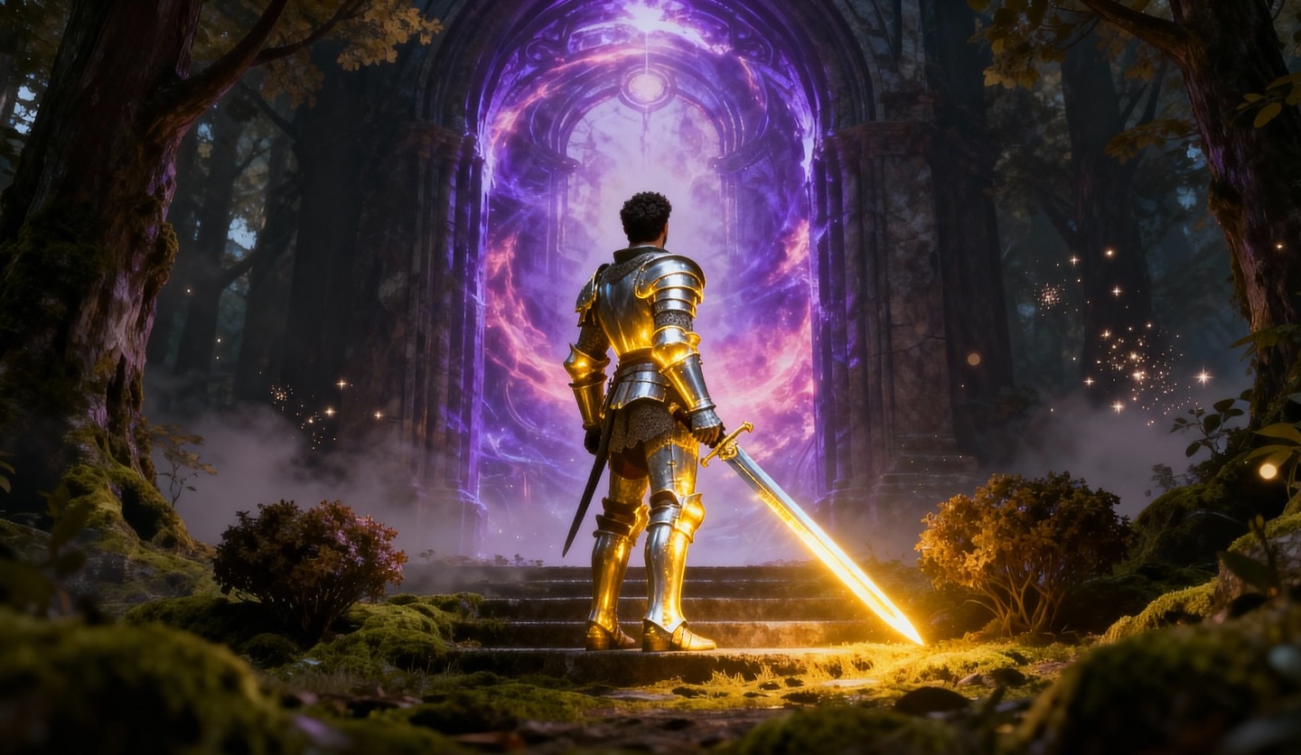 Representación visual conceptual de un guerrero con armadura metálica arrodillado en un entorno natural, evocando narrativa épica.