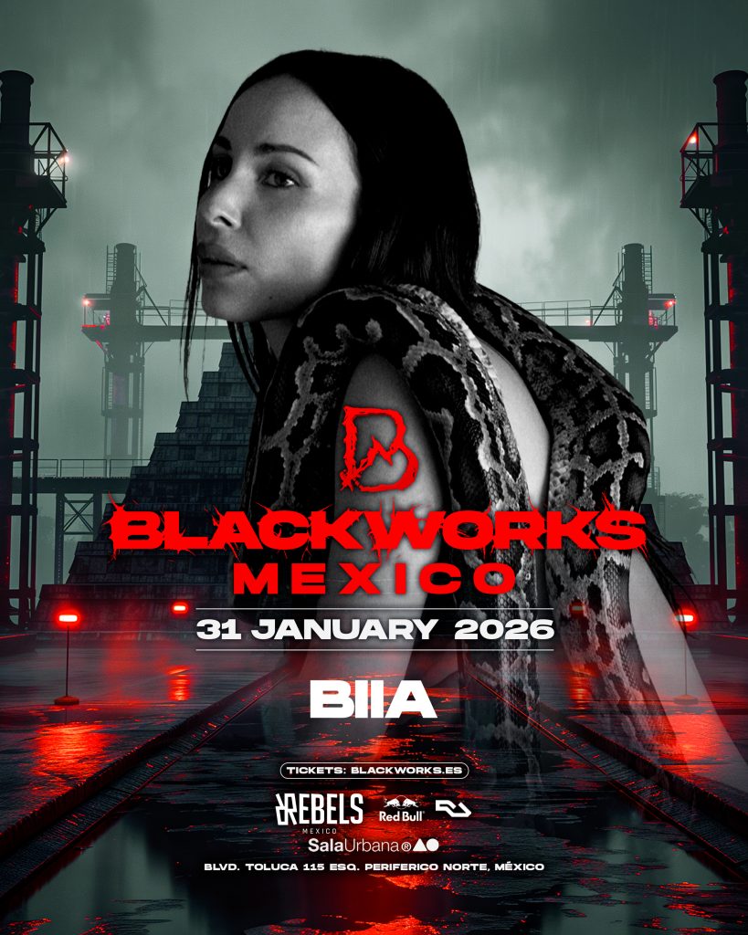 BIIA encabezando el cartel de Blackworks México 2026 en Sala Urbana CDMX, evento de hard techno europeo presentado por Rebels México el 31 de enero.