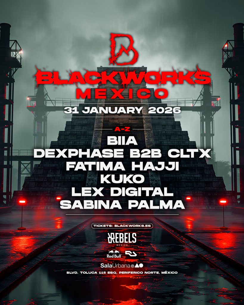 Cartel oficial Blackworks México 2026 con BIIA, Dexphase B2B CLTX, Fatima Hajji, Kuko, Lex Digital y Sabina Palma en Sala Urbana CDMX.