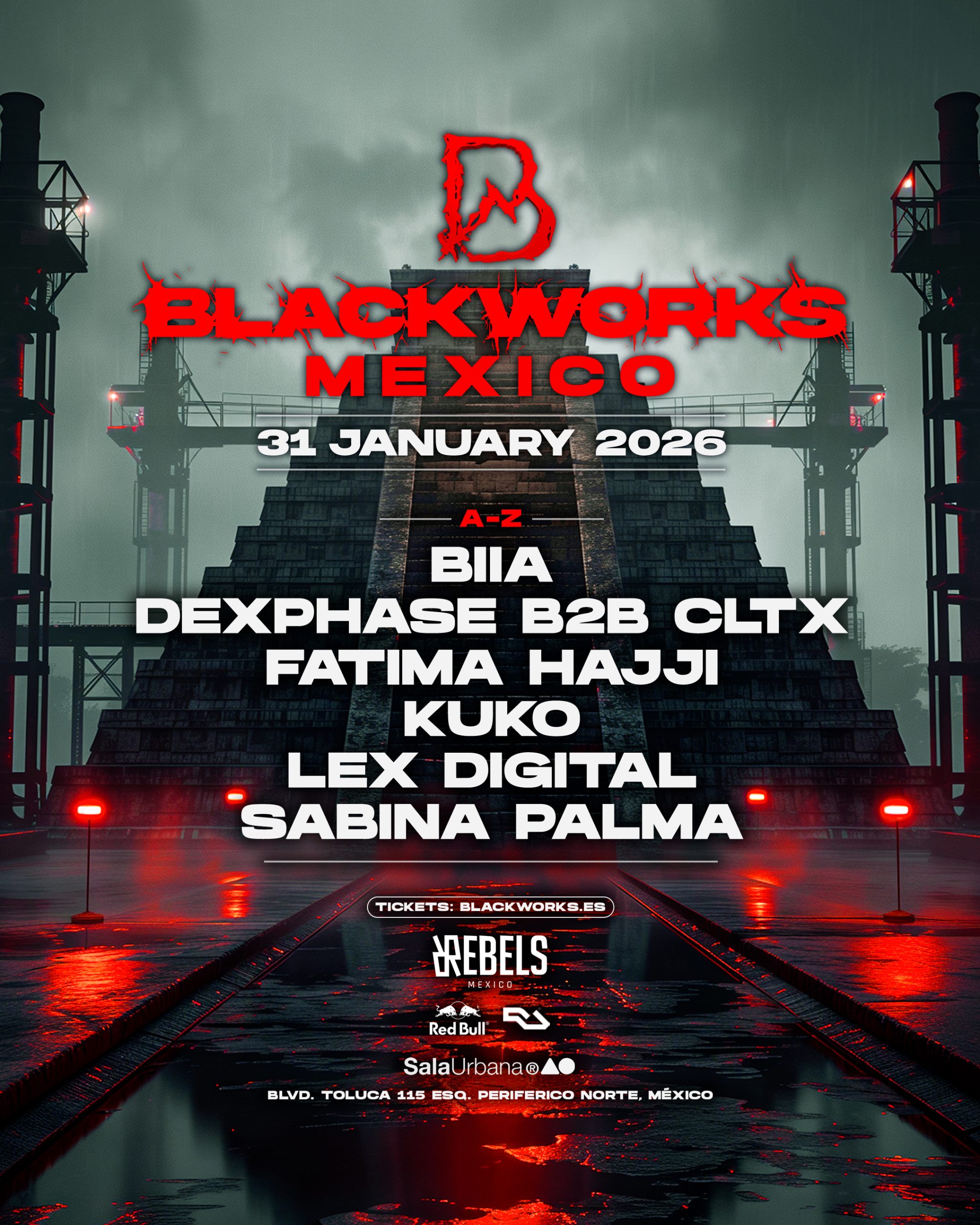 Cartel oficial Blackworks México 2026 con BIIA, Dexphase B2B CLTX, Fatima Hajji, Kuko, Lex Digital y Sabina Palma en Sala Urbana CDMX.