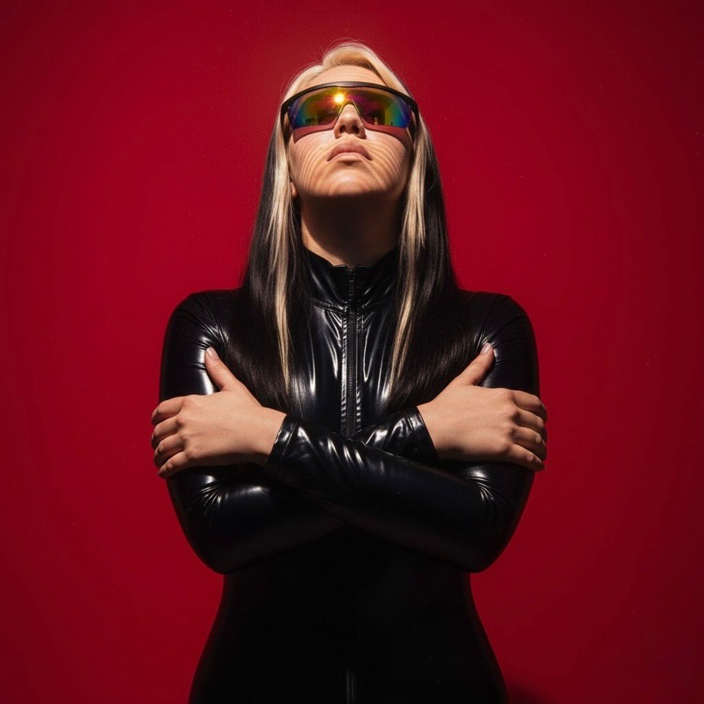 Retrato de Miss Vega con fondo rojo y vestimenta negra de estilo futurista, reforzando su identidad visual ligada al hardtechno y la electrónica industrial.