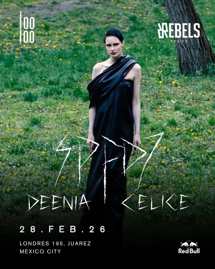 Retrato promocional de SPFDJ México 2026 presentado por Rebels México con Deenia y Celice, evento de hard techno el 28 de febrero en Ciudad de México.