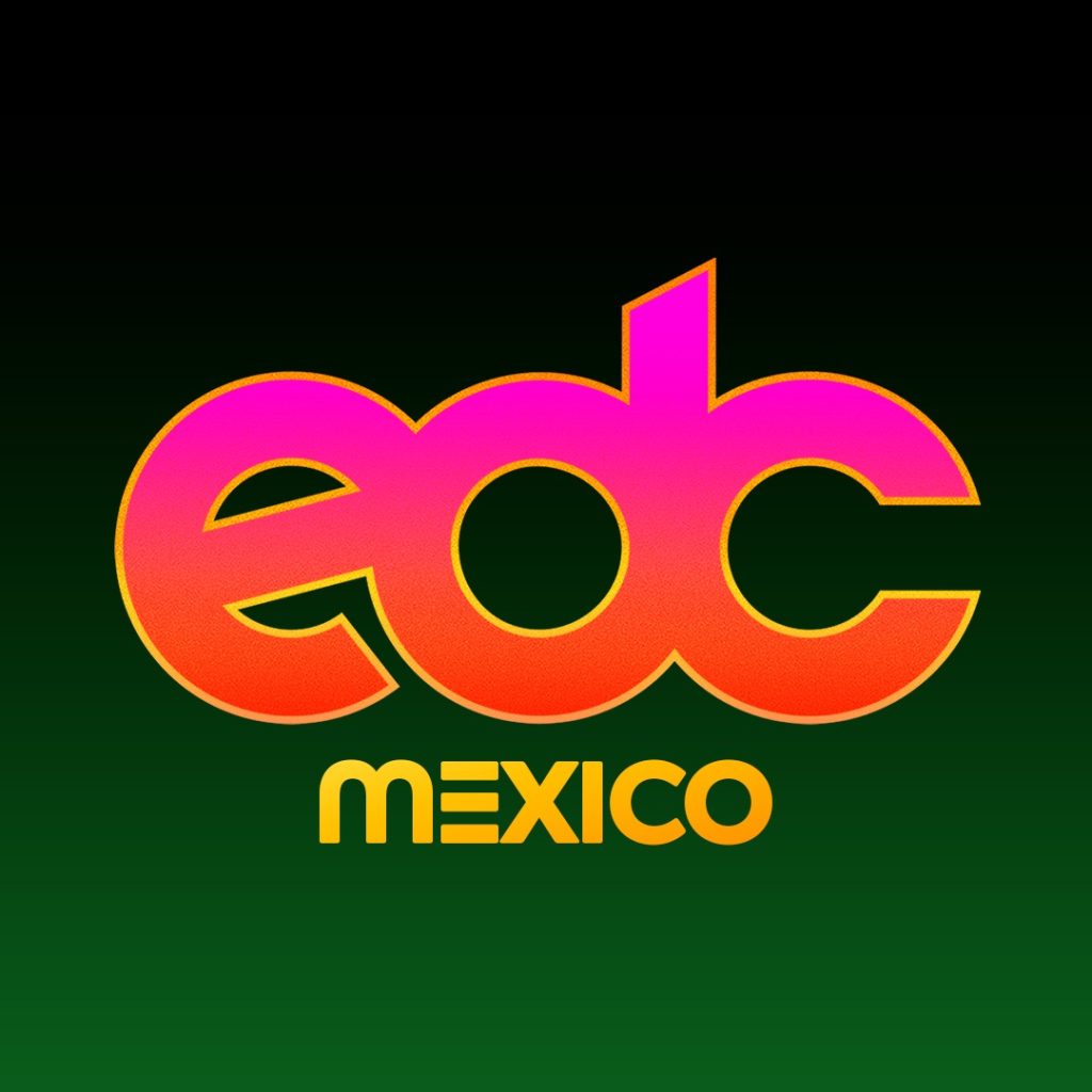 Logo oficial de EDC México: letras "edc" en degradado rosa-naranja con borde dorado y texto "MÉXICO" en amarillo, sobre fondo degradado negro a verde oscuro.