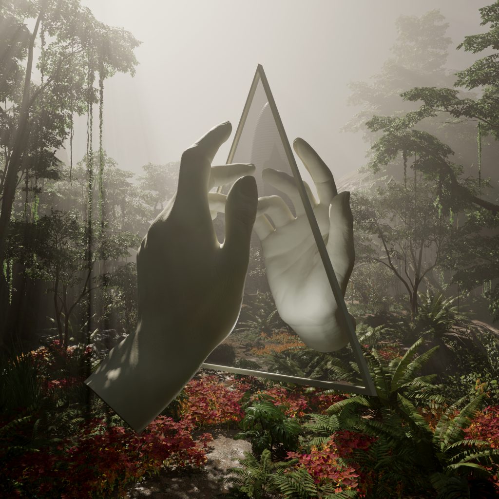 Portada del álbum 'Paradises' de Ladytron: dos manos monumentales en render 3D se tocan frente a un espejo triangular en medio de un bosque tropical neblinoso con vegetación roja y verde. Imagen surrealista y onírica en tonos tierra y gris.