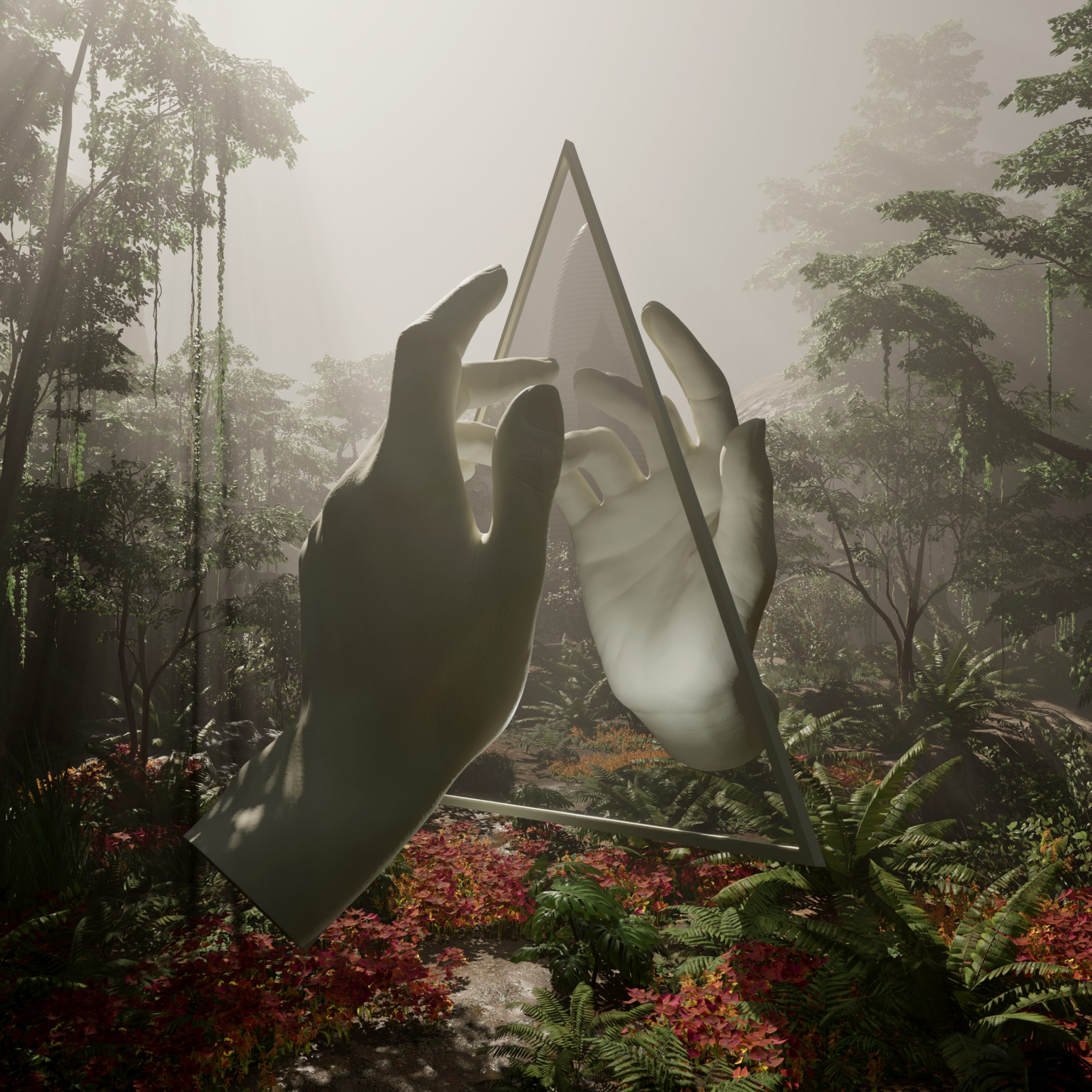 Portada del álbum 'Paradises' de Ladytron: dos manos monumentales en render 3D se tocan frente a un espejo triangular en medio de un bosque tropical neblinoso con vegetación roja y verde. Imagen surrealista y onírica en tonos tierra y gris.
