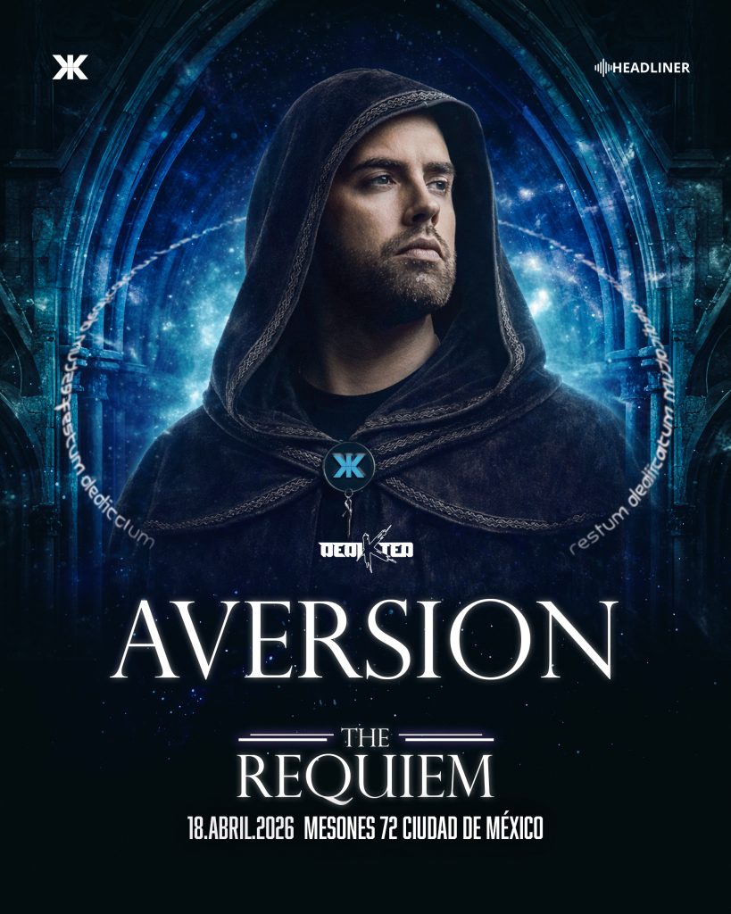 Flyer oficial de Aversion como headliner de DediKted The Requiem, evento de hardstyle el 18 de abril en Mesones 72, CDMX.