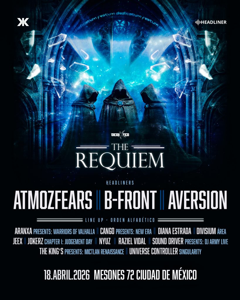 Flyer vertical con fondo oscuro y arco gótico iluminado en azul eléctrico. Tres figuras encapuchadas al centro. Texto en blanco: "DediKted — The Requiem — 18 Abril 2026 — Ciudad de México — Mesones 72". Logos de DediKted y Headliner en esquinas superiores.