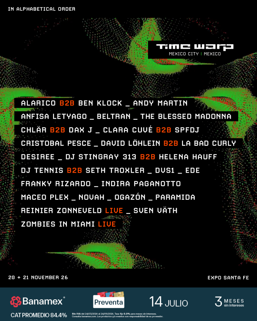 Cartel oficial de Time Warp Mexico con lineup en orden alfabético, fechas 20 y 21 de noviembre y sede Expo Santa Fe.