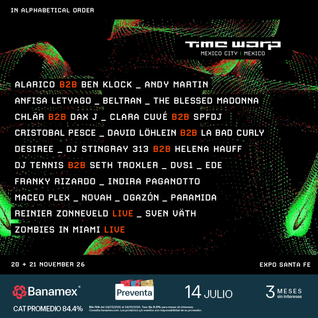 Cartel oficial de Time Warp Mexico con lineup en orden alfabético, fechas 20 y 21 de noviembre y sede Expo Santa Fe.