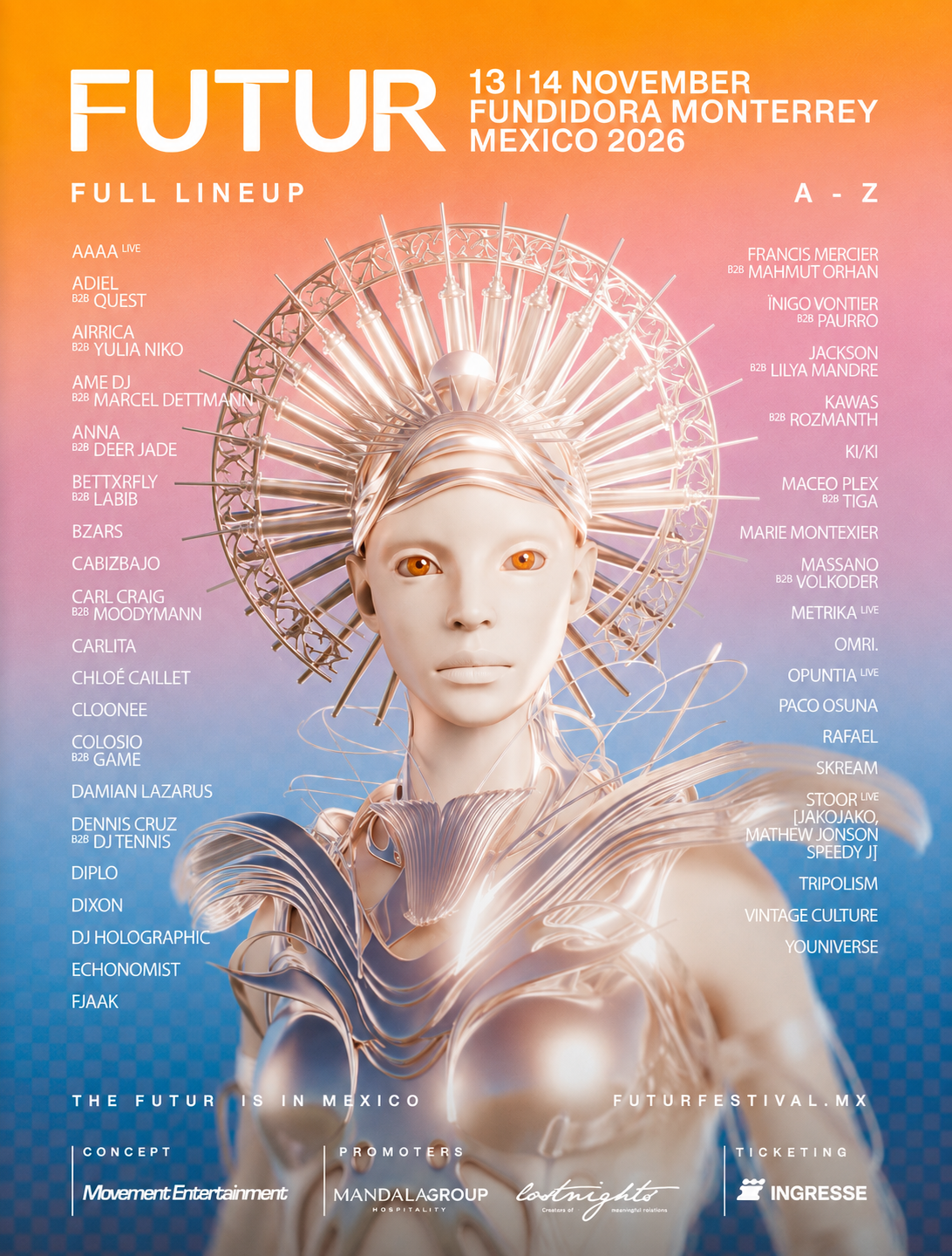 Cartel del lineup de FUTUR México 2026 con artistas como Diplo, Dixon, KI/KI, Paco Osuna, Carl Craig, Damian Lazarus y Vintage Culture.