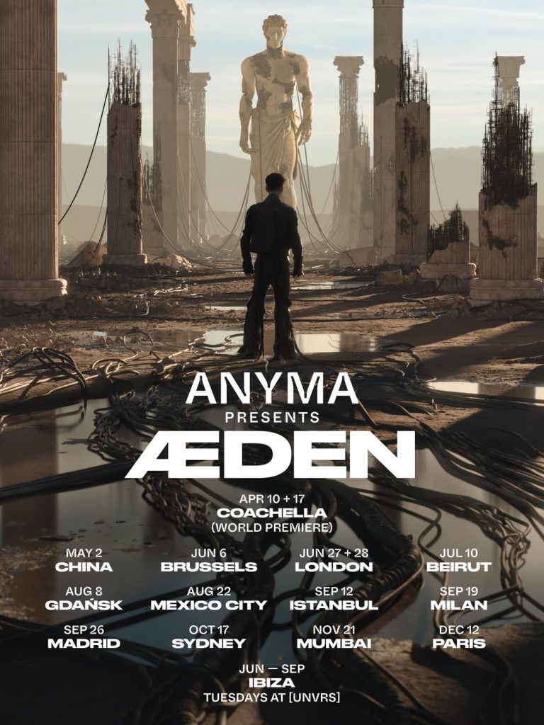 Cartel oficial de la gira mundial ÆDEN de Anyma, mostrando la fecha del 22 de agosto en Ciudad de México junto al resto de las paradas internacionales