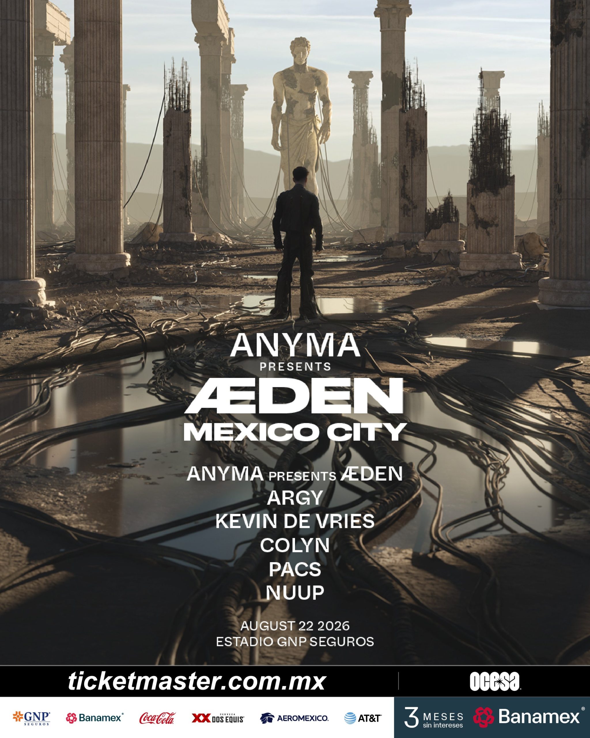 Cartel oficial del show Anyma presenta ÆDEN en el Estadio GNP Seguros, Ciudad de México, con el lineup completo del 22 de agosto de 2026 y datos de venta en Ticketmaster