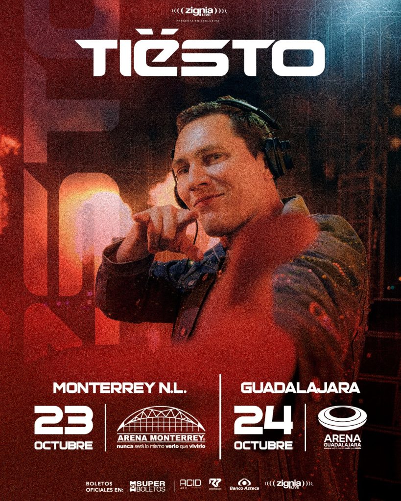 Cartel de Tiësto México 2026 con fechas en Arena Monterrey el 23 de octubre y Arena Guadalajara el 24 de octubre.