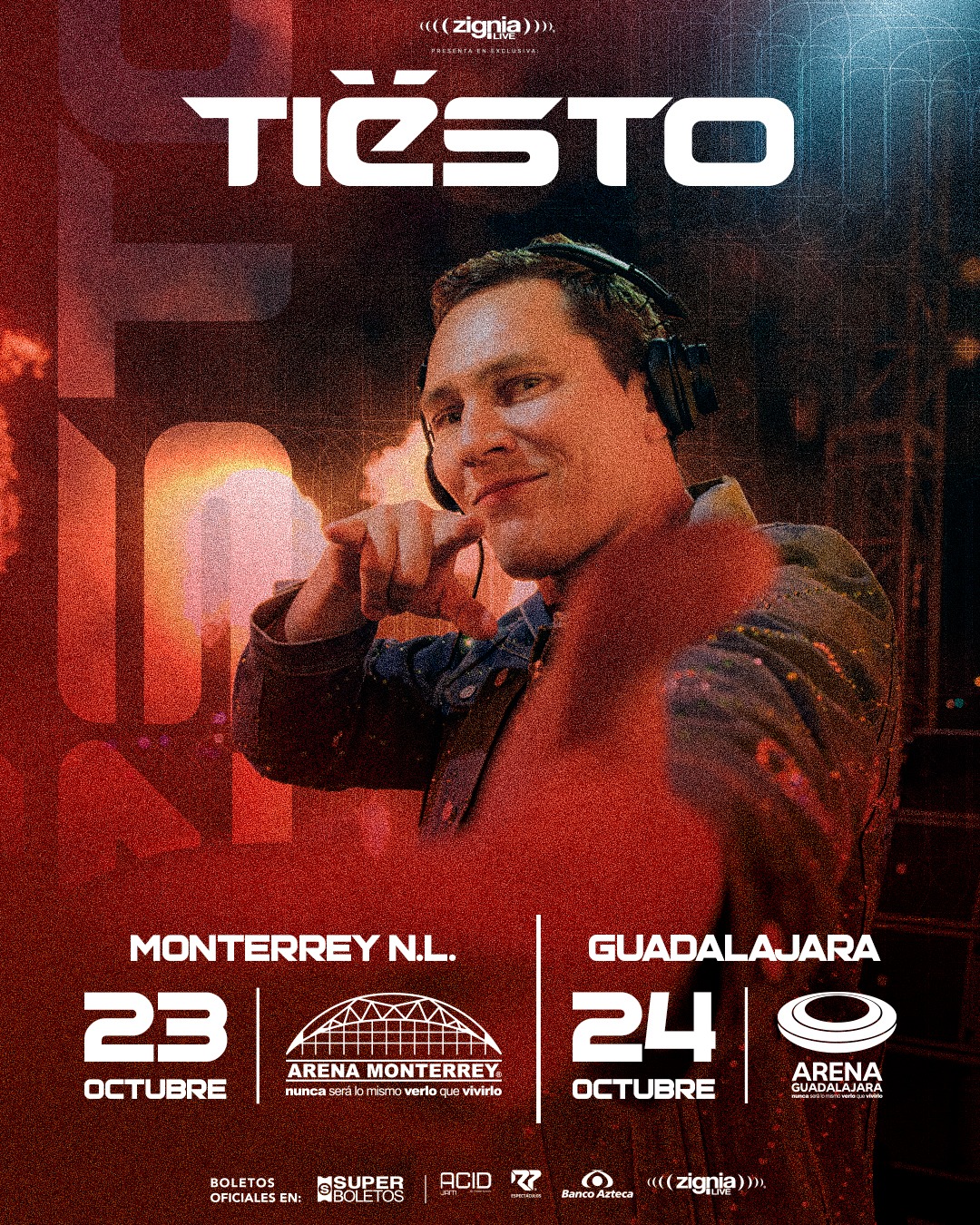 Cartel de Tiësto México 2026 con fechas en Arena Monterrey el 23 de octubre y Arena Guadalajara el 24 de octubre.