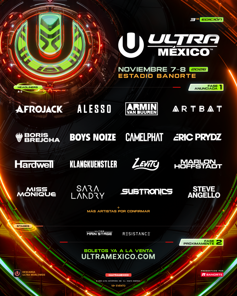 Gráfico promocional con la Fase 1 del cartel de Ultra México 2026 en el Estadio Banorte. Incluye a los artistas principales: Afrojack, Alesso, Armin van Buuren, ARTBAT, Boris Brejcha, Boys Noize, CamelPhat, Eric Prydz, Hardwell, Klangkuenstler, Levity, Marlon Hoffstadt, Miss Monique, Sara Landry, Subtronics y Steve Angello, junto con los escenarios Ultra Main Stage y Resistance.