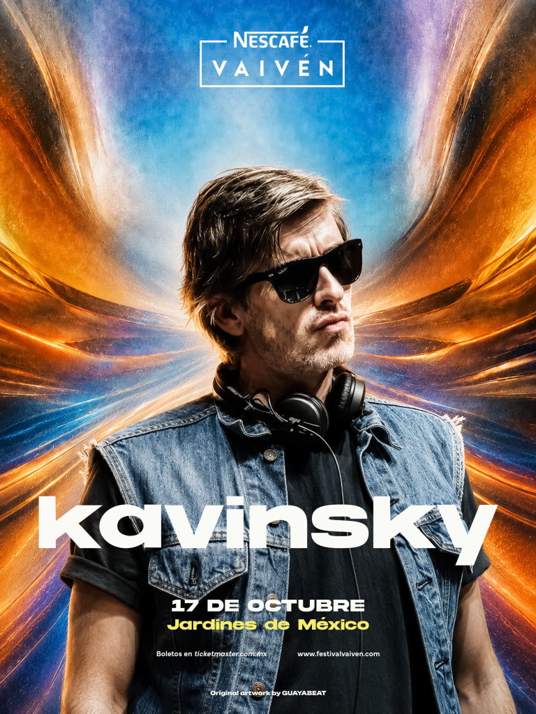 Kavinsky en arte promocional de Festival Vaivén 2026 en Jardines de México, con diseño en tonos azules y naranjas.